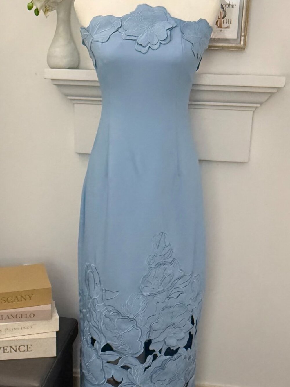 Miss Rosier NWT Blue Floral Appliqué Cutwork Strapless Maxi Dress M